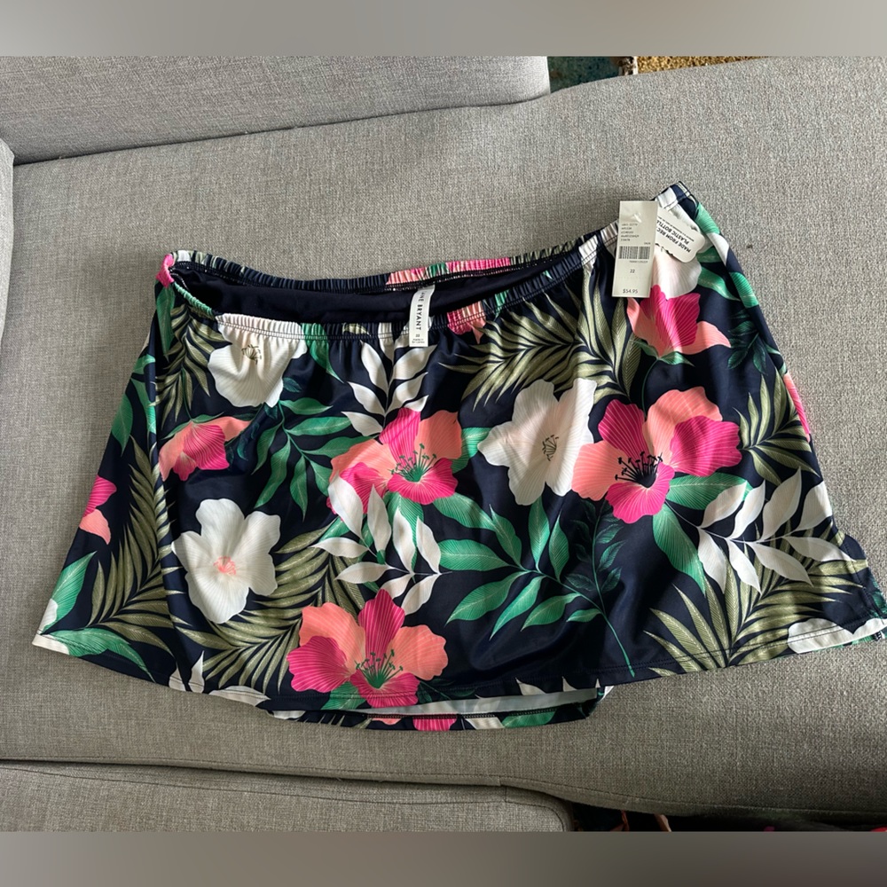 Floral Swim Skirt with Navy Background and Pink & White Blooms